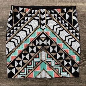 Express Sequin Mini Skirt Sz S Aztec Southwestern Tribal Western Turquoise Coral